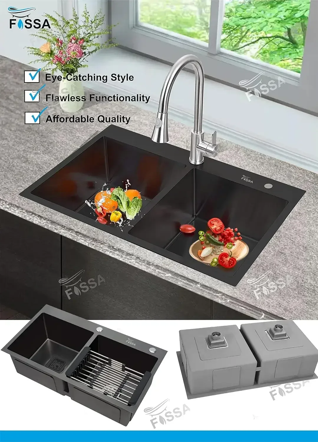 304 Handmade (32x18x10) Inch Stainless Steel Double Bowl Black Kitchen Sink With Tap Hole - Image 5