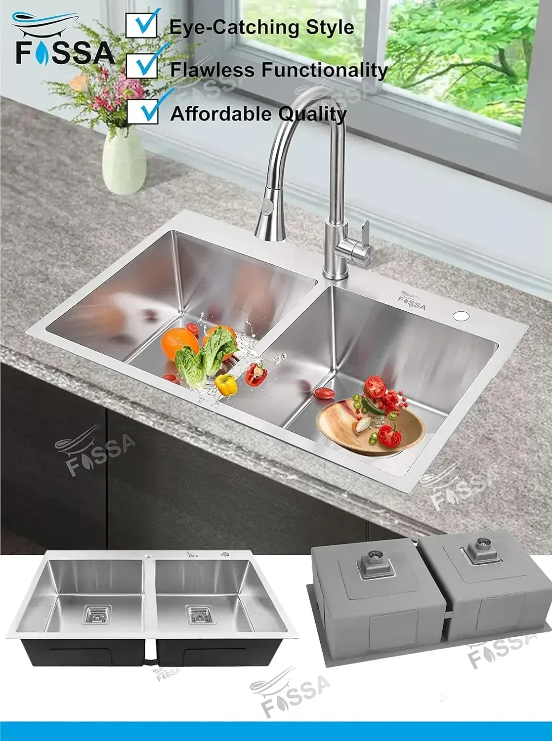 304 Handmade (32 x 18 x 10) Inch Double Bowl Silver With Tap Hole Stainless Steel Kitchen Sink - Image 3