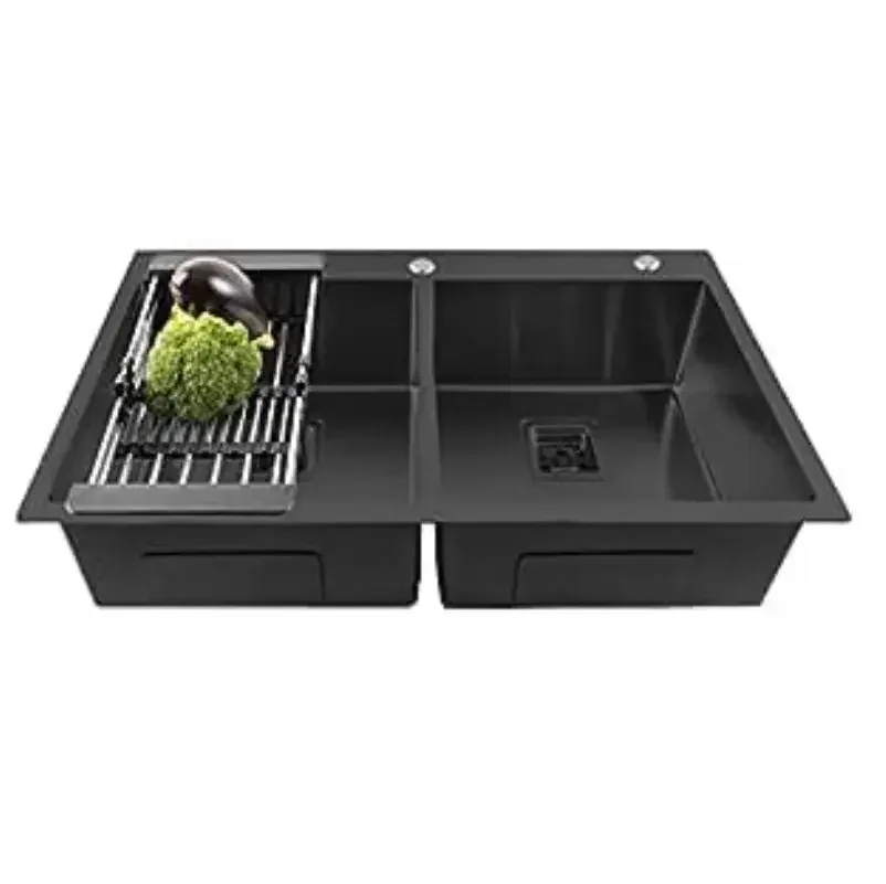 304 Handmade (32x18x10) Inch Stainless Steel Double Bowl Black Kitchen Sink With Tap Hole