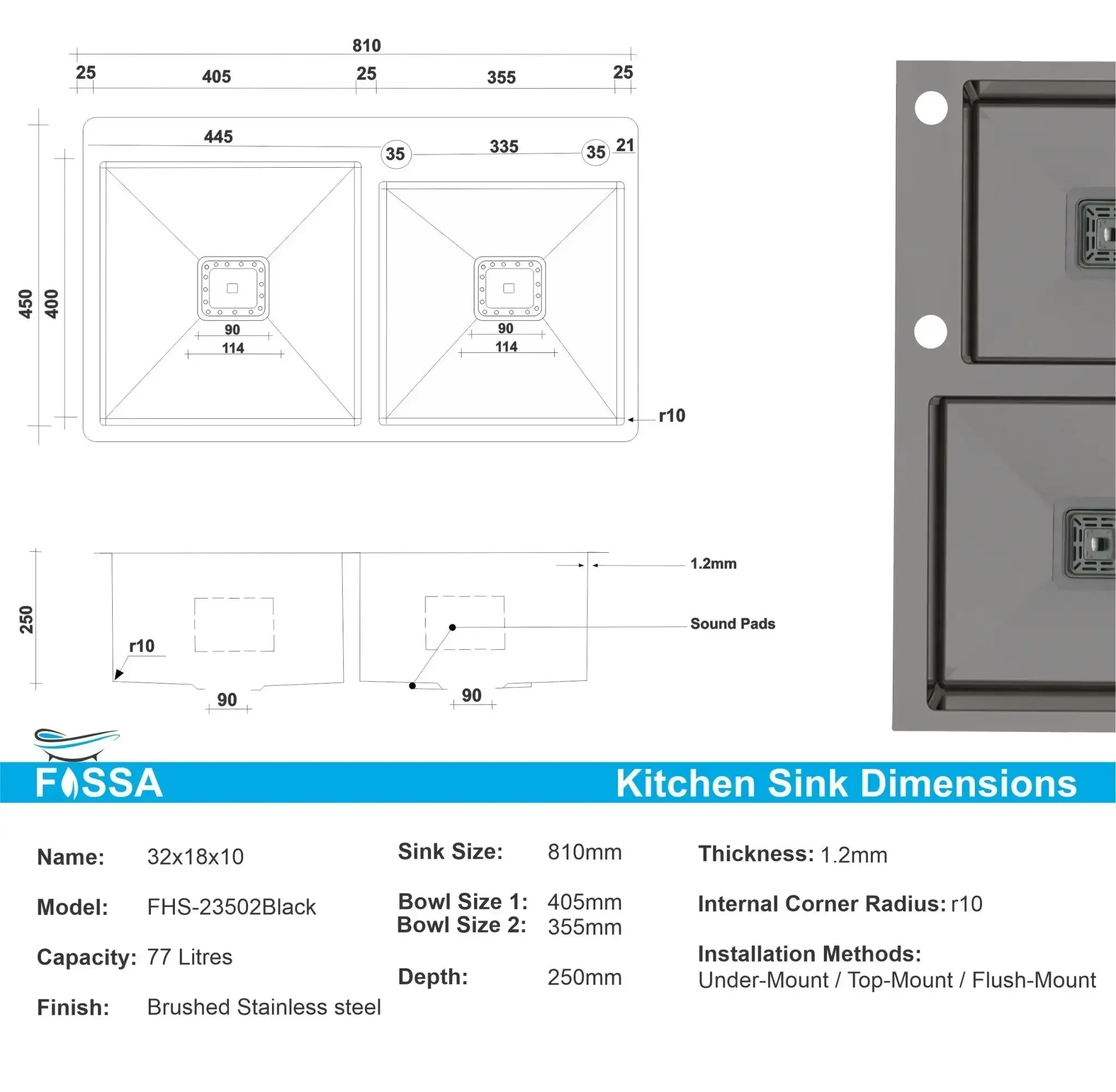 304 Handmade (32x18x10) Inch Stainless Steel Double Bowl Black Kitchen Sink With Tap Hole - Image 2