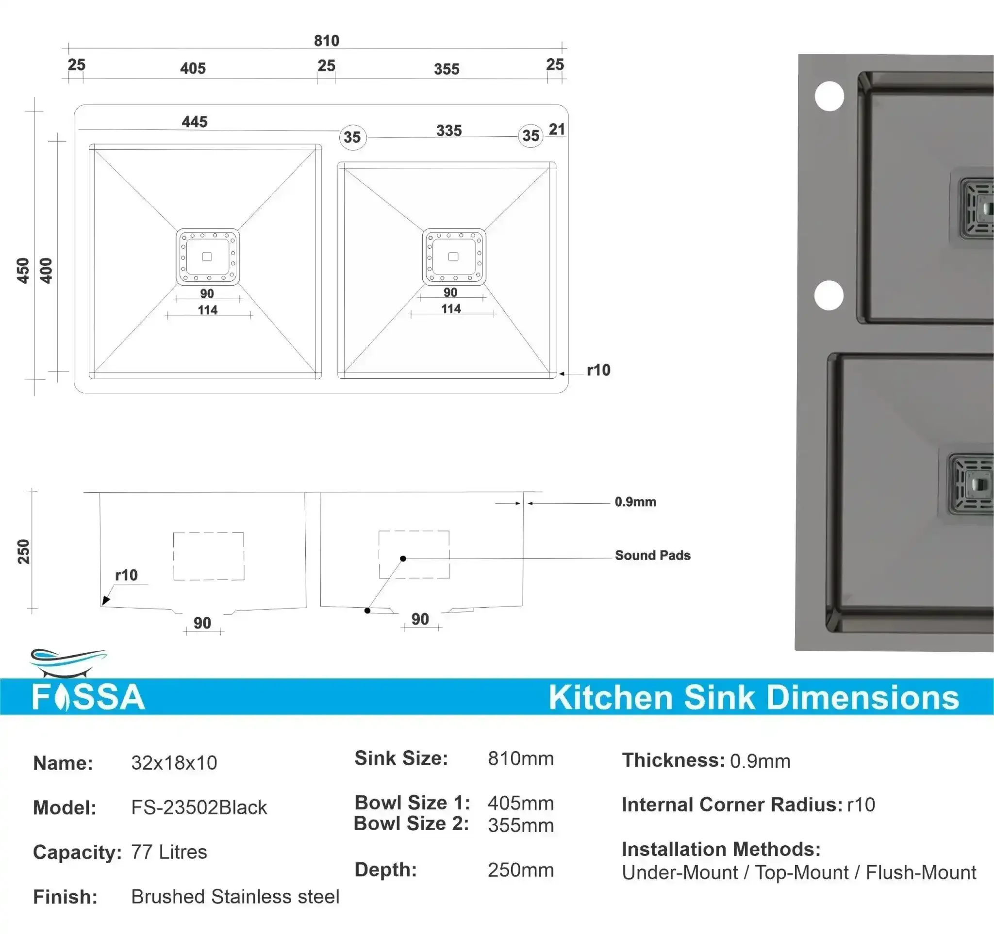 Premium Handmade (32"x18"x10) Inch Stainless Steel Double Bowl Black  Kitchen Sink With Tap Hole - Image 2