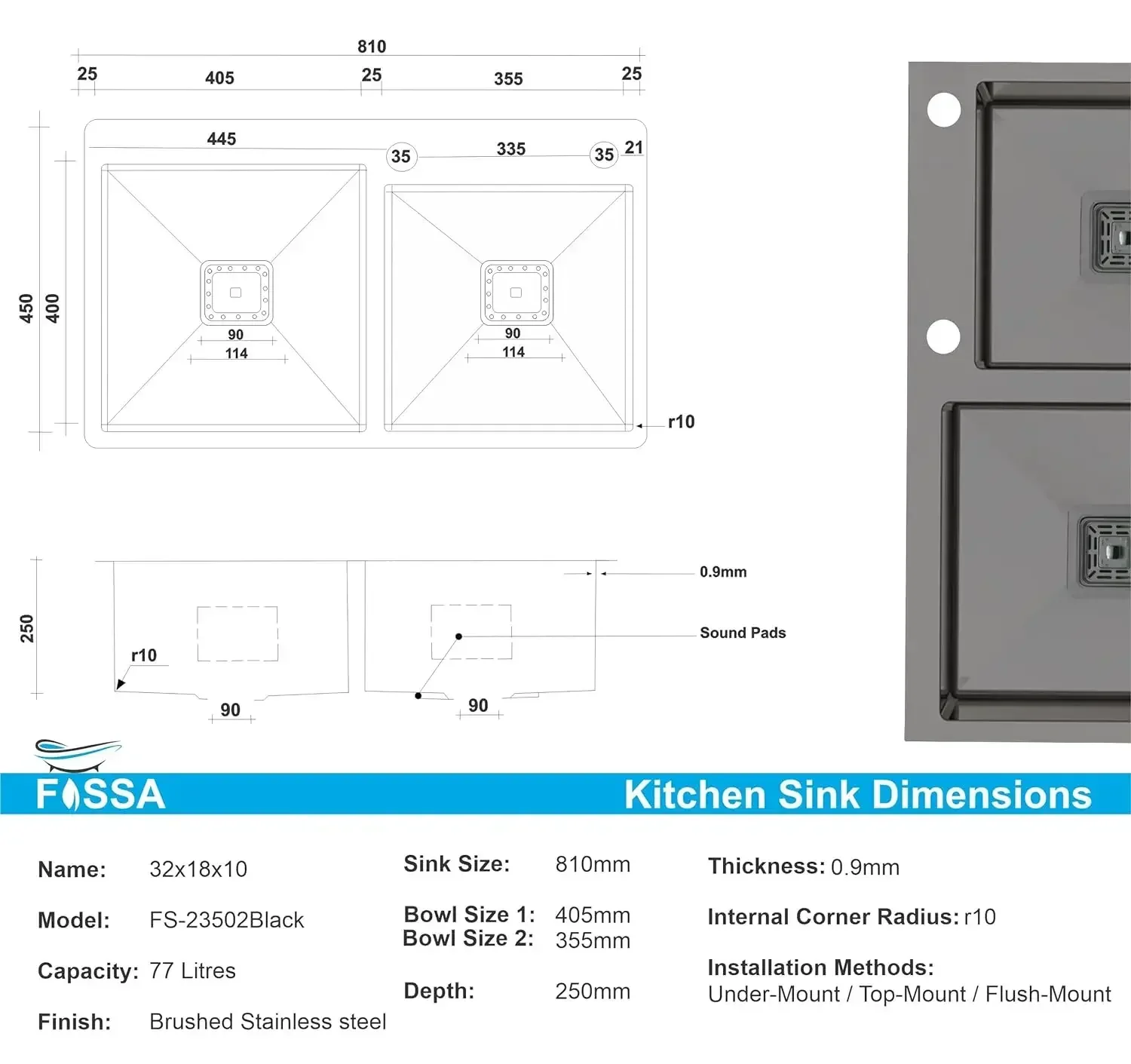Premium Handmade (32"x18"x10") Inch Stainless Steel Double Bowl Black Kitchen Sink With Tap Hole - Image 2