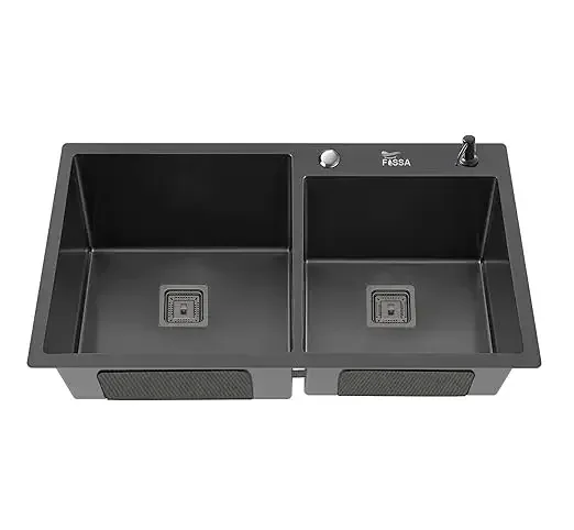 Premium Handmade (32x18x10) Inch Stainless Steel Double Bowl black Kitchen Sink With Tap Hole