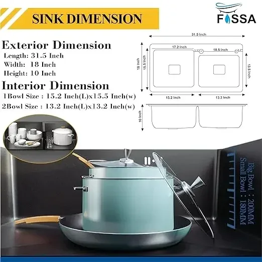Premium Handmade (32x18x10) Inch Stainless Steel Double Bowl black Kitchen Sink With Tap Hole - Image 2