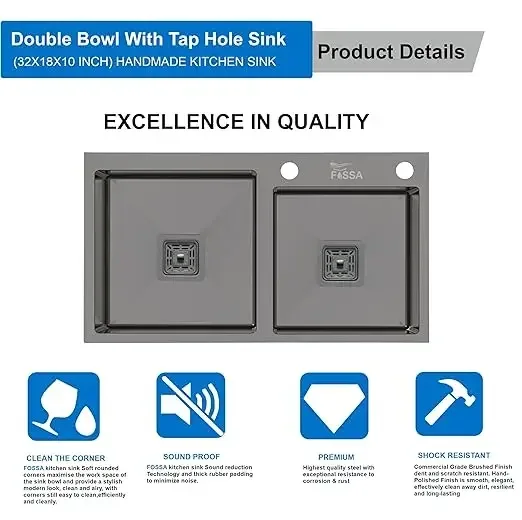 Premium Handmade (32x18x10) Inch Stainless Steel Double Bowl black Kitchen Sink With Tap Hole - Image 3
