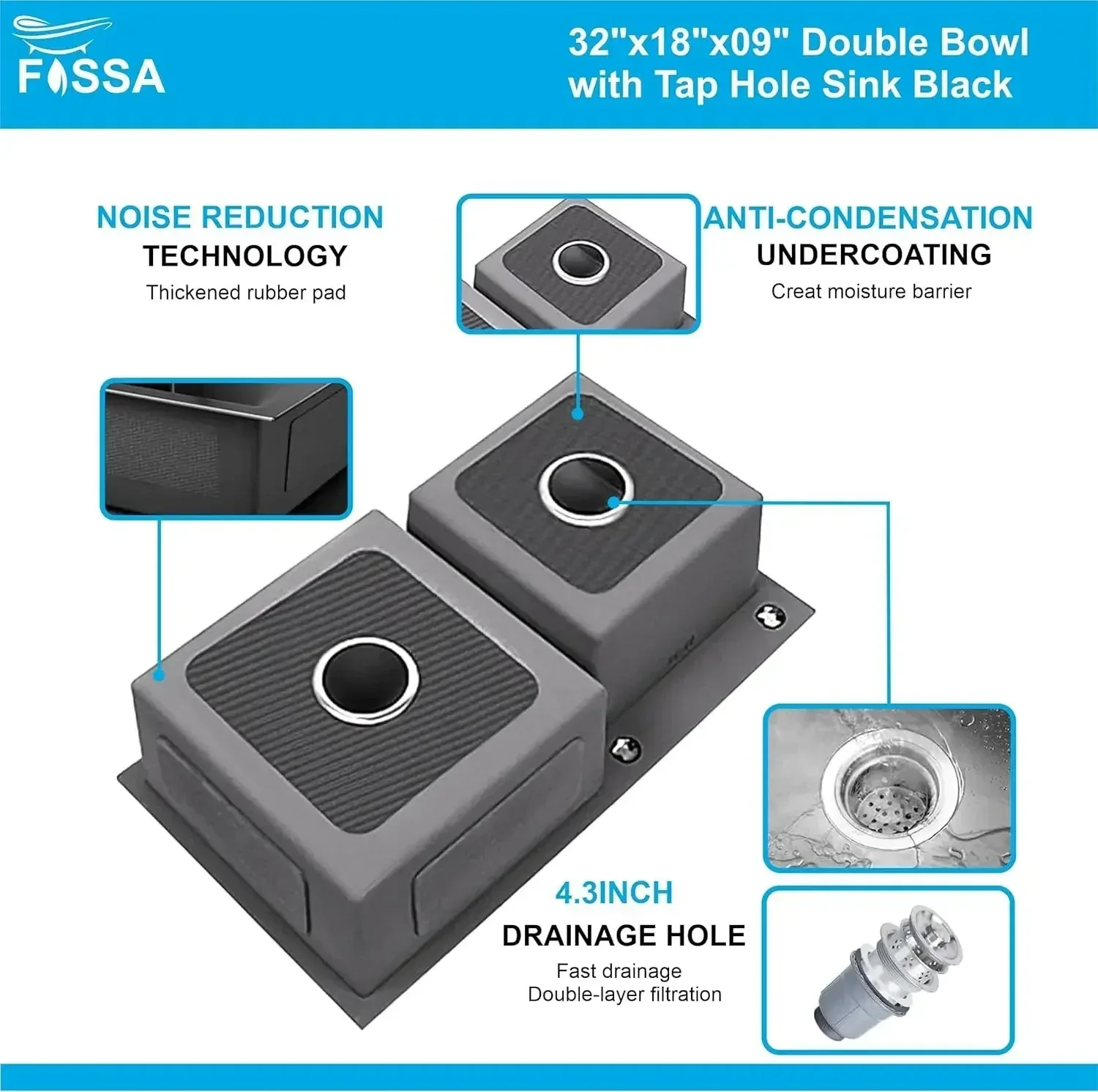 Premium Handmade (32" x18" x 10 ) Inch Stainless Steel Double Bowl Black Kitchen Sink With Tap Hole - Image 3