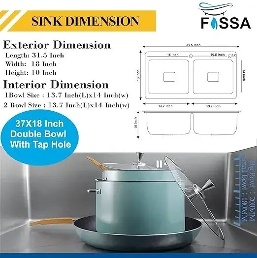 Premium 32x18x10 Inch Double Bowl Kitchen Sink with Tap Hole - Image 2