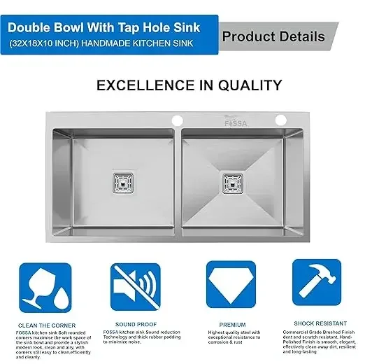 Premium 32x18x10 Inch Double Bowl Kitchen Sink with Tap Hole - Image 3
