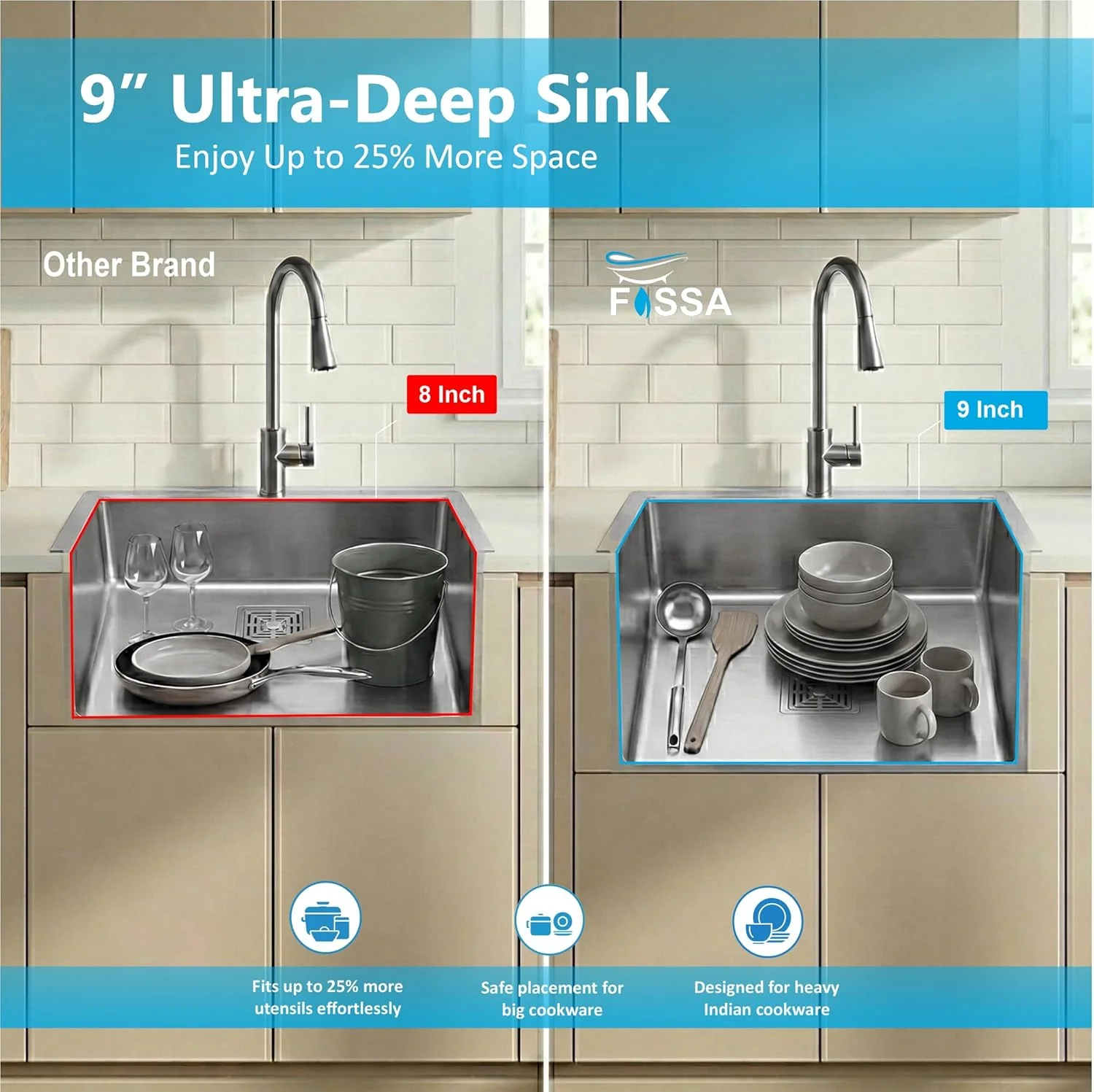 Aqua 304 Handmade (32 x 20 x 09 ) Inch SS Single Bowl Tap Hole Square Coupling Silver Kitchen Sink - Image 5
