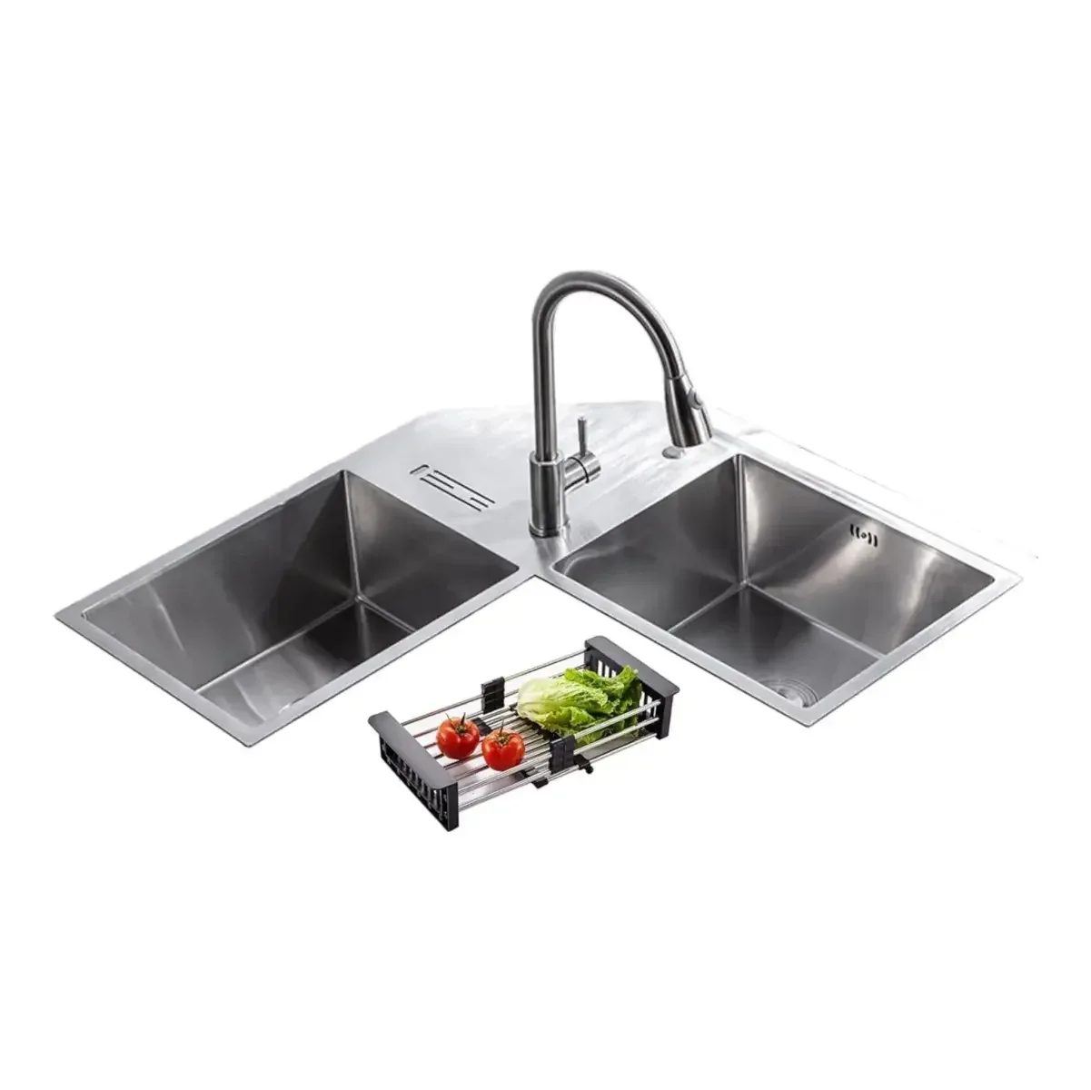 304 Handmade 36"x36"x10" Inch Stainless Steel Corner Double Bowl Silver Kitchen Sink with Drain Board