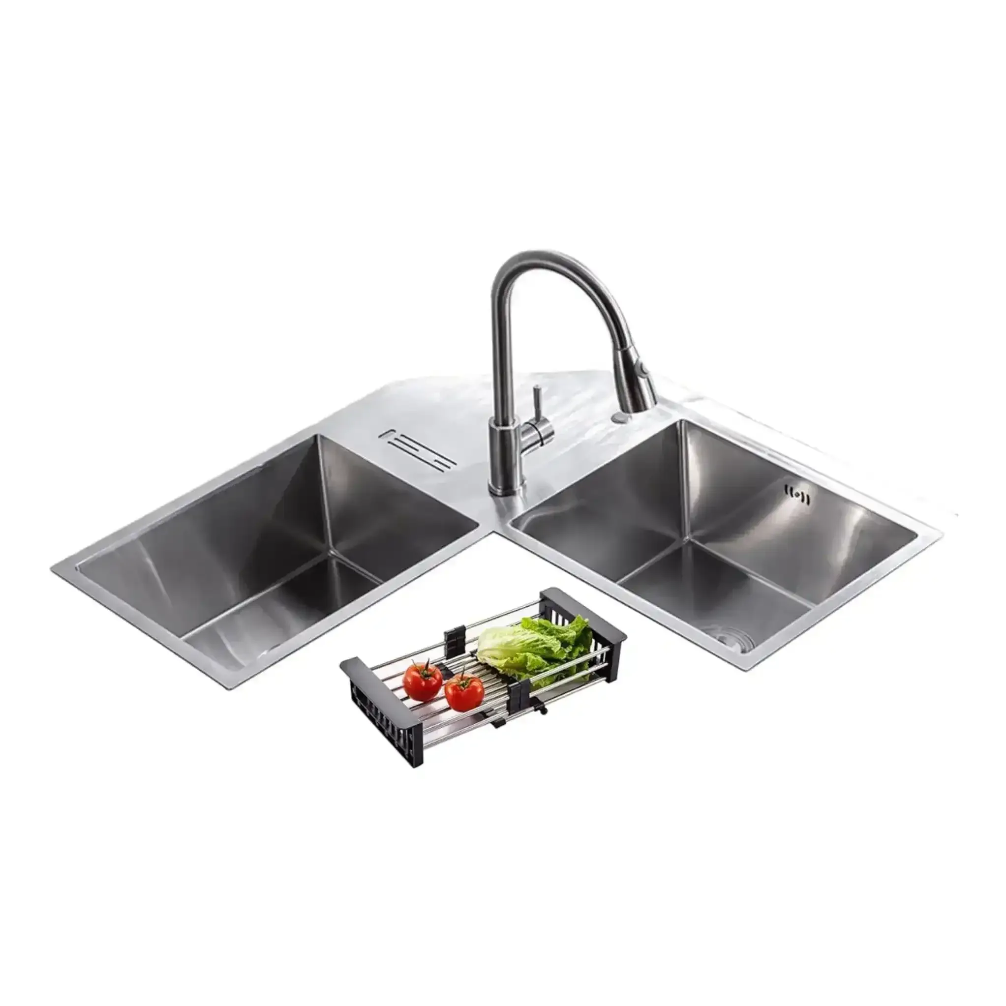 Premium Handmade 36"x36"x10" Inch Stainless Steel Corner Double Bowl Kitchen Sink with Drain Board