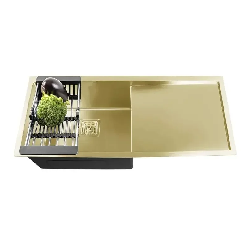 304 gold Single Bowl with Drain Board Handmade Kitchen Sink (37 x 18 x 10)