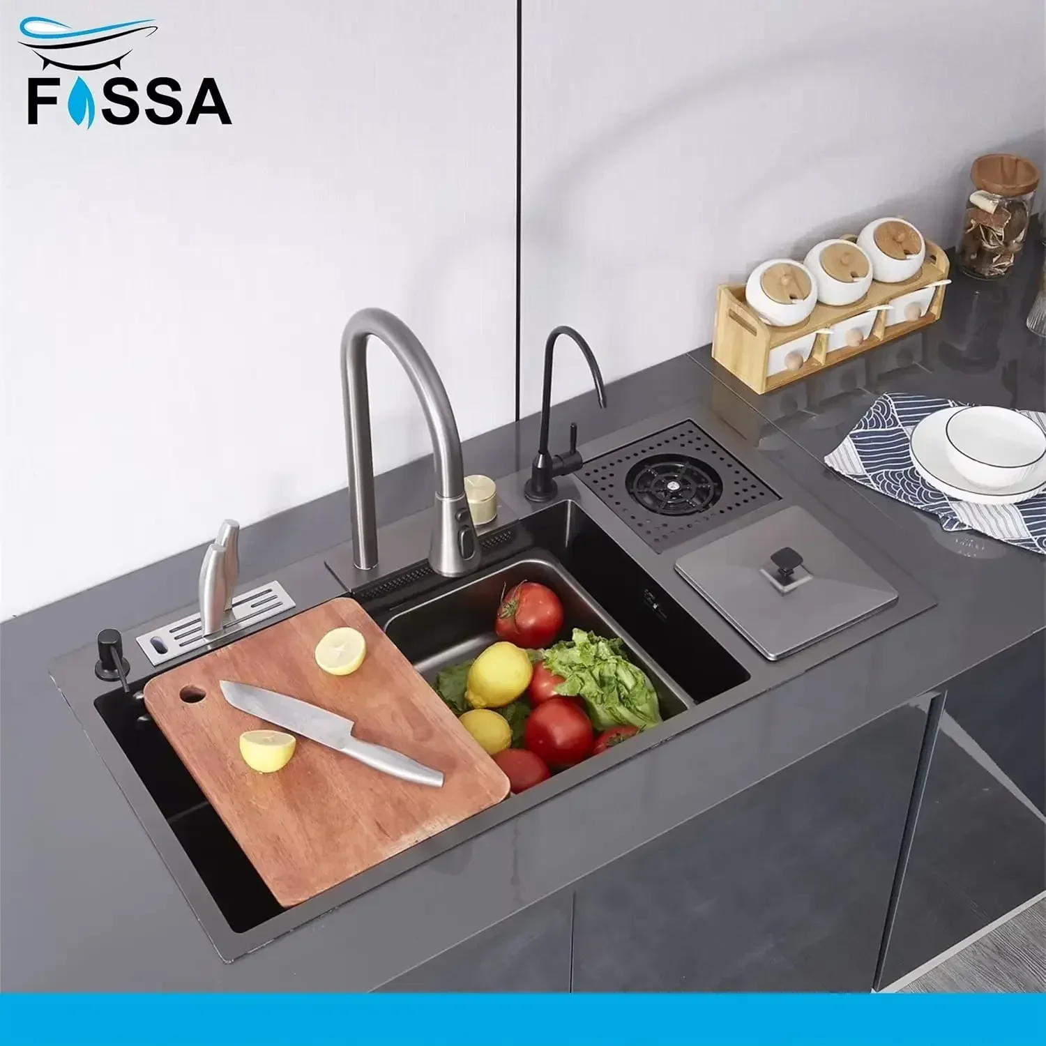(37x 18 x 10) Inch 304 Waterfall Dustbin Honeycomb Kitchen Sink Black