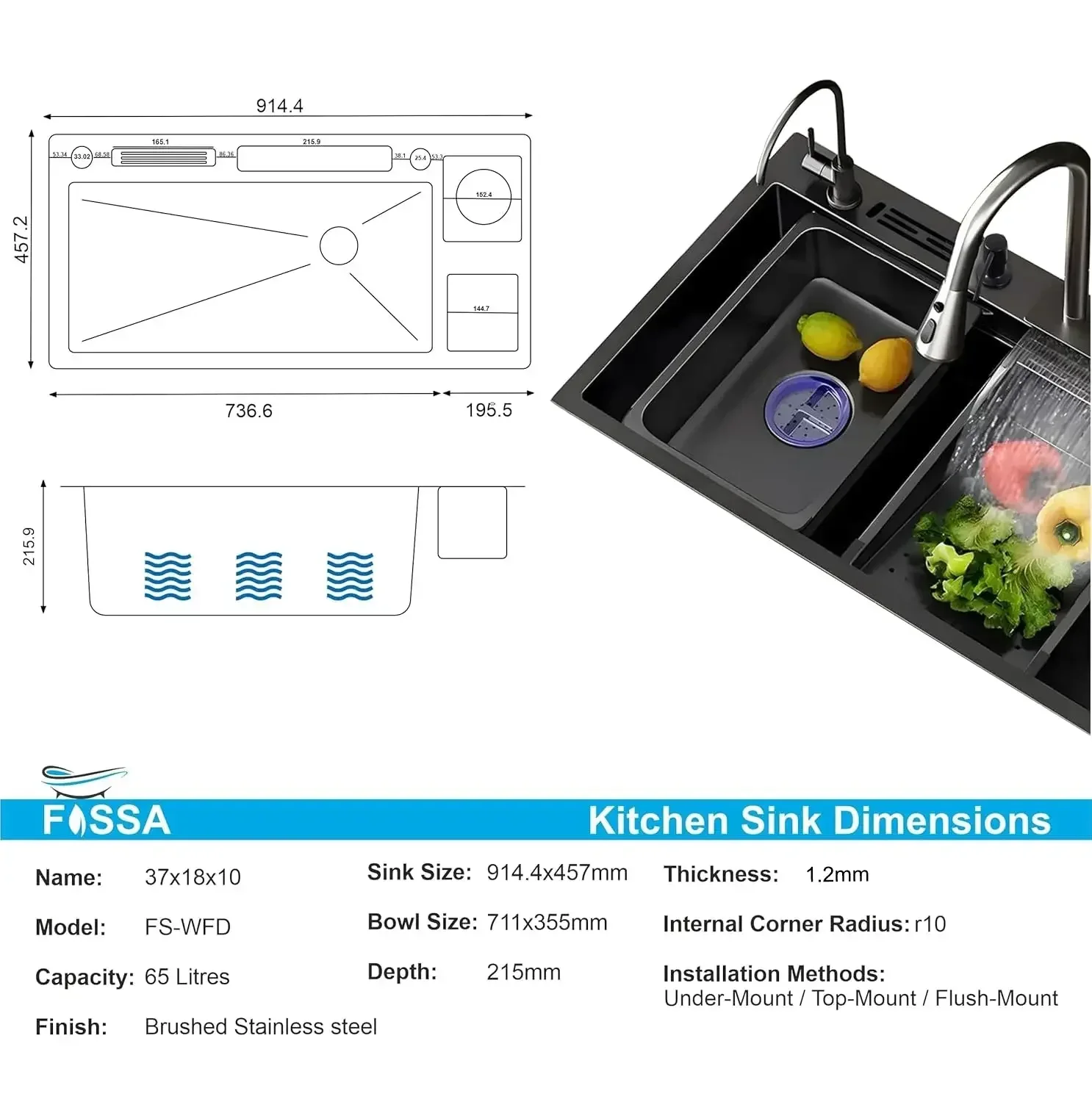(37x 18 x 10) Inch 304 Waterfall Dustbin Honeycomb Kitchen Sink Black - Image 2