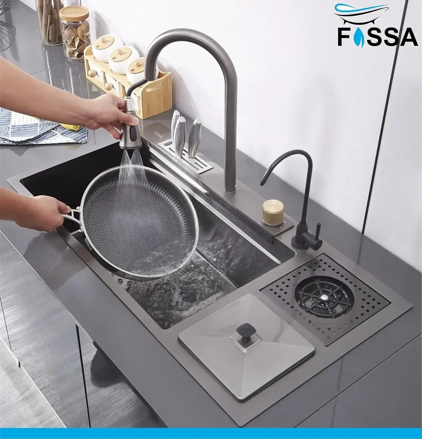 (37x 18 x 10) Inch 304 Waterfall Dustbin Honeycomb Kitchen Sink Black - Image 3