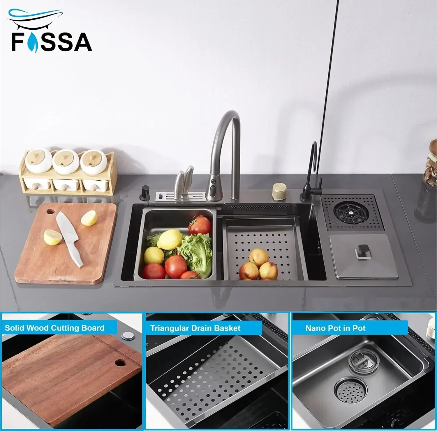 (37x 18 x 10) Inch 304 Waterfall Dustbin Honeycomb Kitchen Sink Black - Image 5