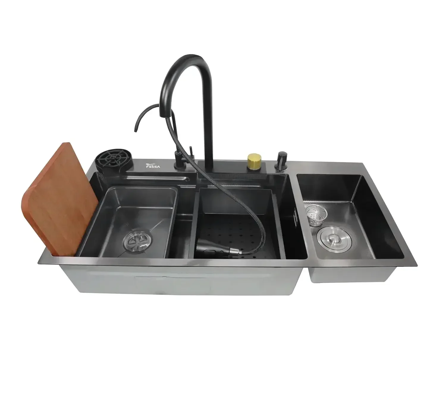 304 black Stainless Steel Smart Double Bowl Waterfall Kitchen Sink (37"x18"x09")