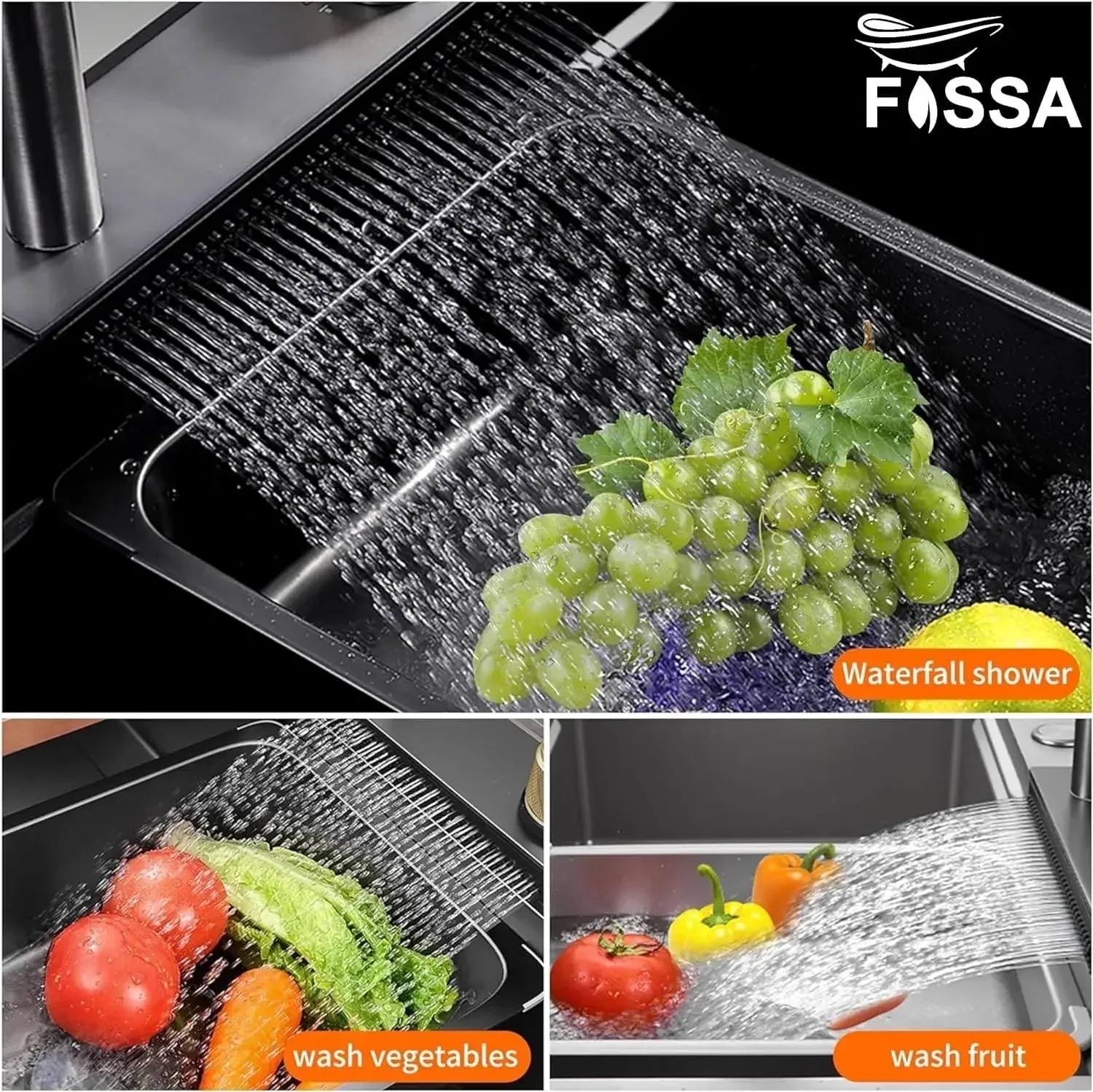 304 black Stainless Steel Smart Double Bowl Waterfall Kitchen Sink (37"x18"x09") - Image 2