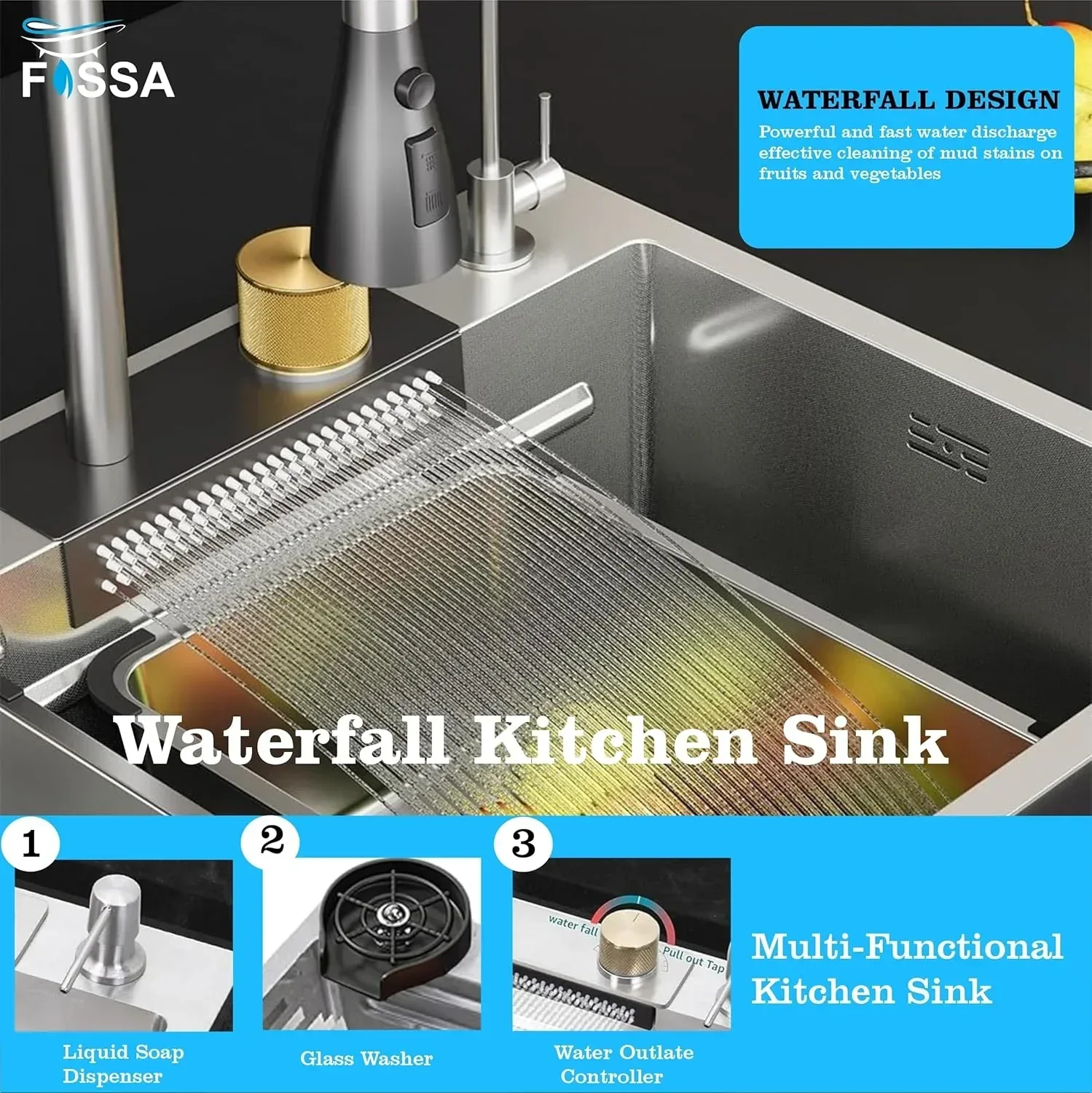 Smart Waterfall (37"x18"x10) Inch 304 Stainless Steel Kitchen Sink Silver - Image 5