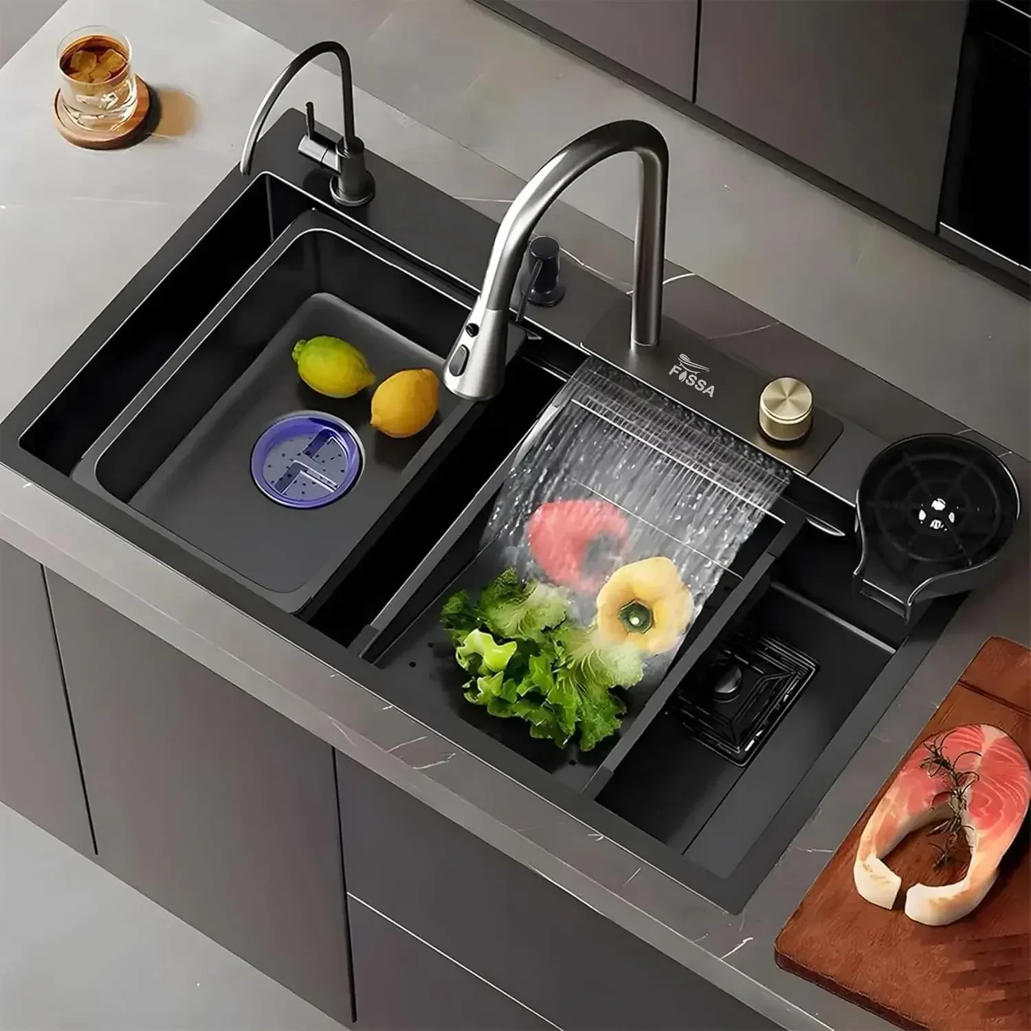 Smart Waterfall (37 x 18 x 10) Inch Premium Stainless Steel Kitchen Sink Black