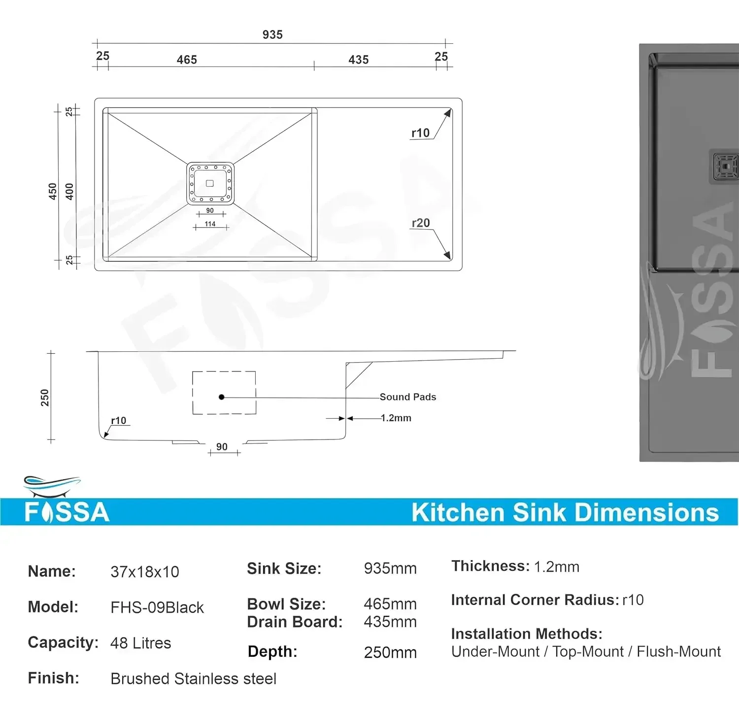 304 black Single Bowl with Drain Board Handmade Kitchen Sink (37 x 18 x 10) - Image 2