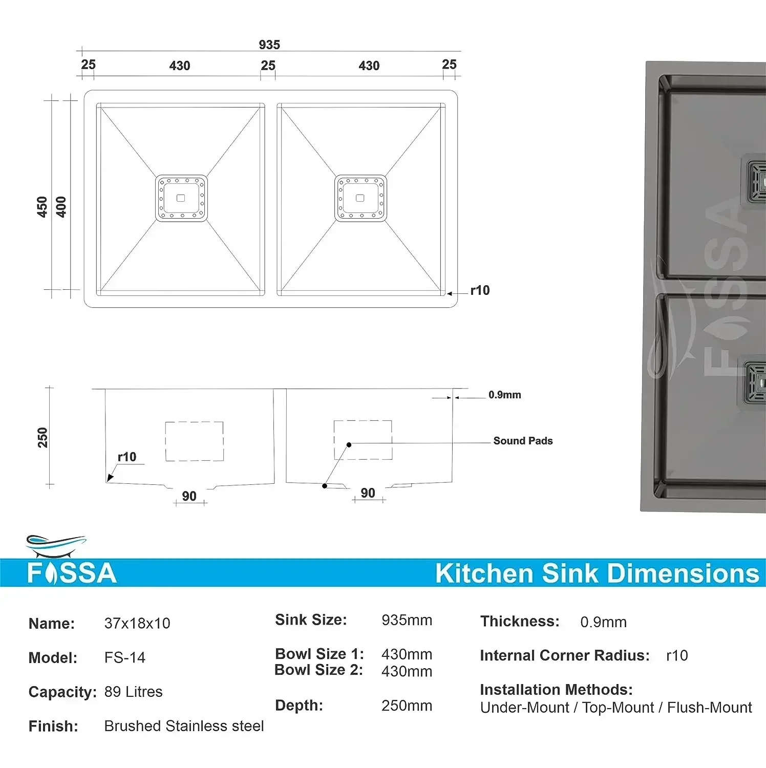Premium Handmade (37x 18 x 10) Inch Double Bowl  Black Stainless Steel Kitchen Sink - Image 2