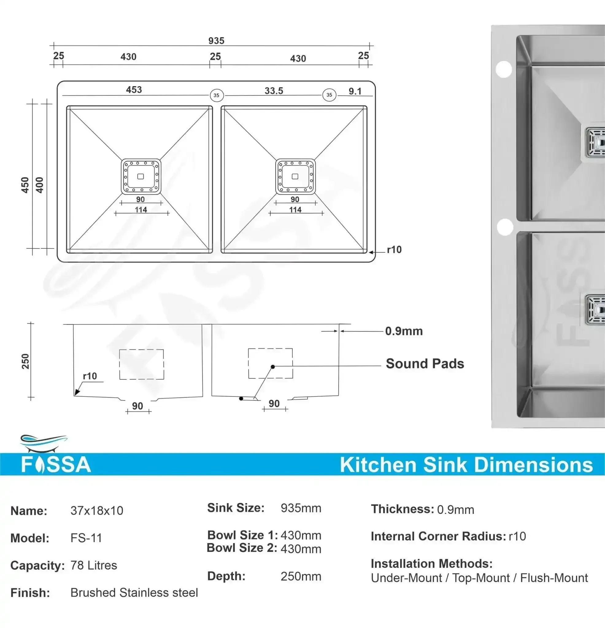 Premium Handmade  (37"x18"x10) Inch Stainless Steel Double Bowl Silver Kitchen Sink With Tap Hole - Image 2