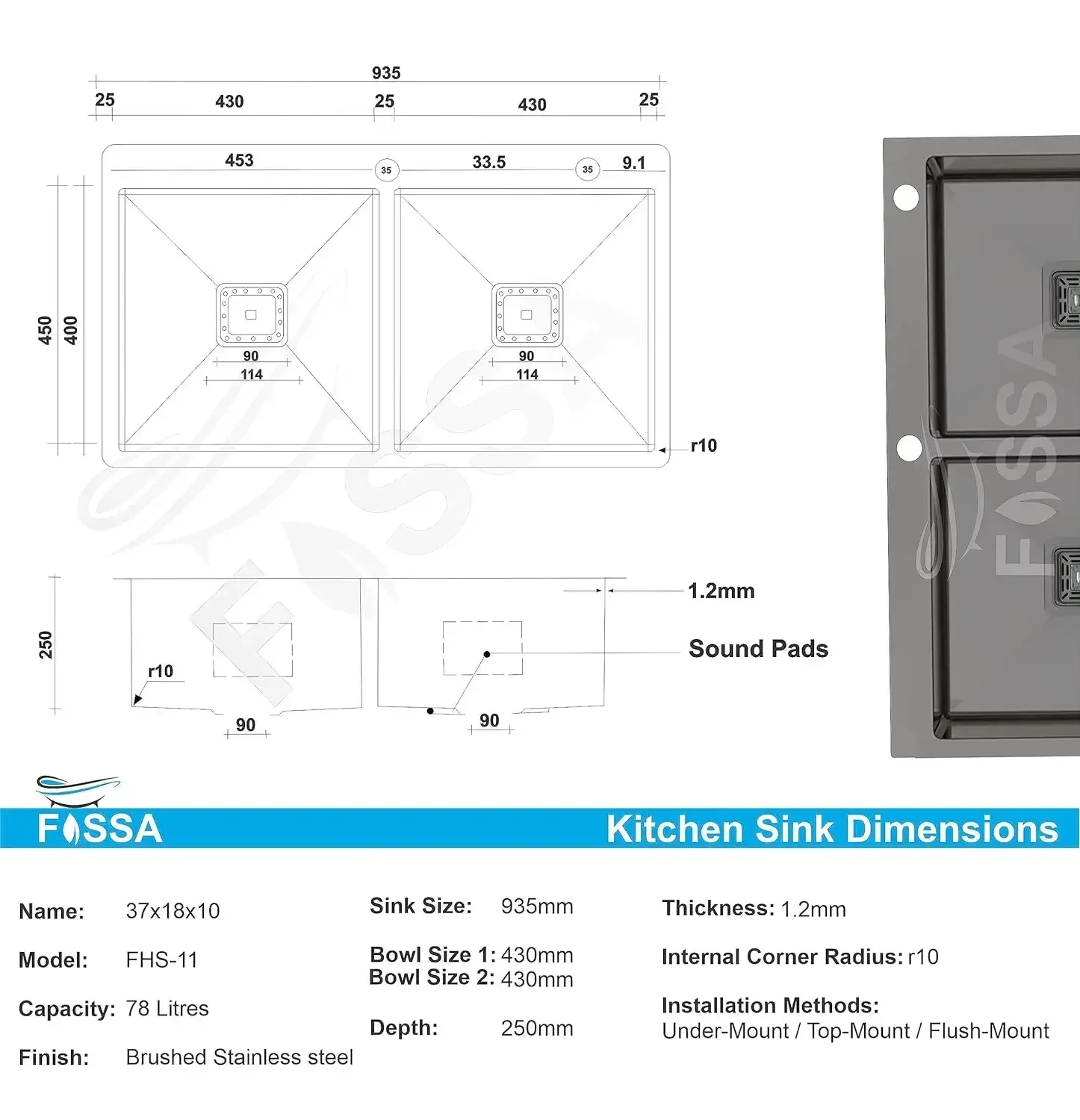 304 Handmade (37"x18"x10) Inch Stainless Steel Double Bowl black Kitchen Sink With Tap Hole - Image 2