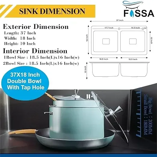 Premium Handmade (37"x18"x10) inch Stainless Steel Double Bowl Black Kitchen Sink With Tap Hole - Image 2