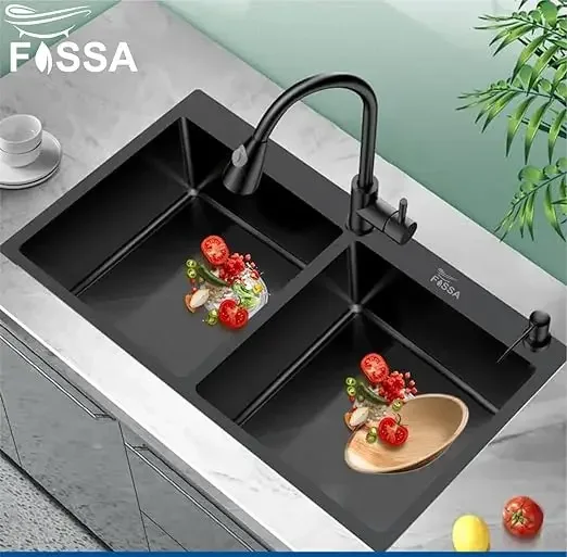 Premium Handmade (37"x18"x10) inch Stainless Steel Double Bowl Black Kitchen Sink With Tap Hole - Image 6