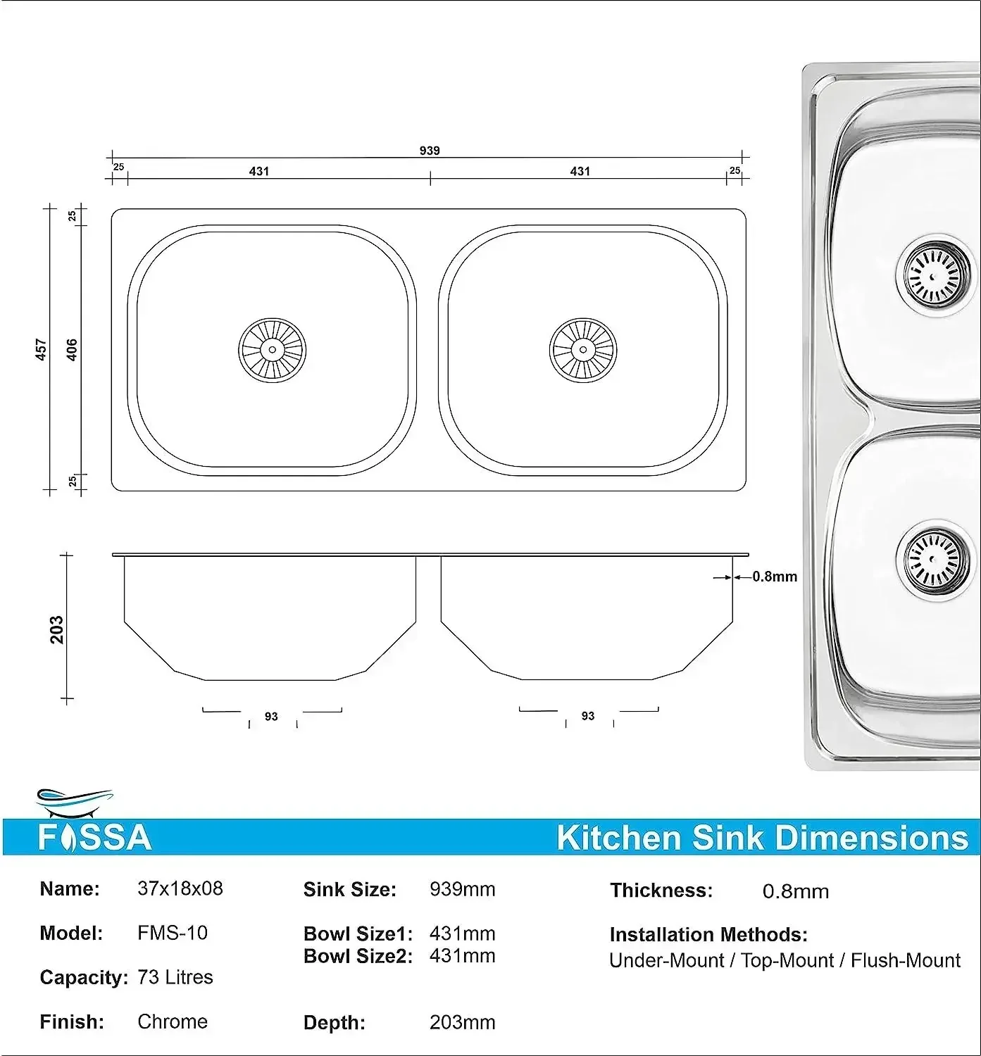 Premium Hydraulic (37"x18"x8") Double Bowl Indian Kitchen Sink Glossy Finish - Image 2