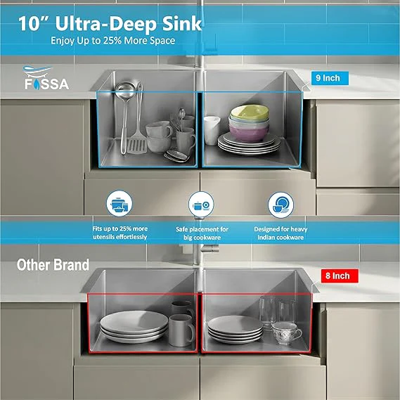 Aqua 304 Handmade (37 x 18 x 09 ) Inch SS Double Bowl Tap Hole Square Coupling Silver Kitchen Sink - Image 3