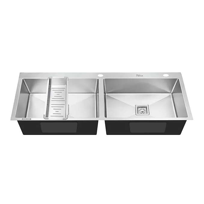 Aqua 304 Handmade (37 x 18 x 09 ) Inch SS Double Bowl Tap Hole Square Coupling Silver Kitchen Sink - Image 7