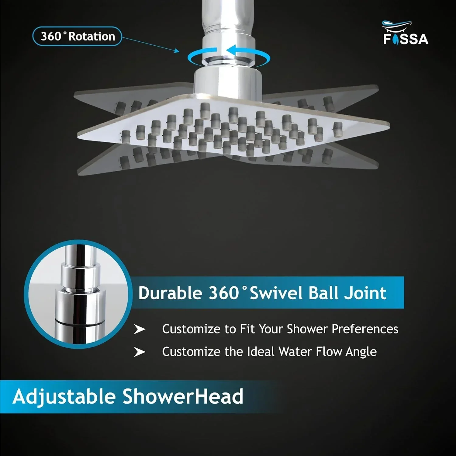 Colva (4x4 Iches) 304- Grade Stainless Steel Chrome Finish Overhead Shower With Arm (9 Inch) - Image 5