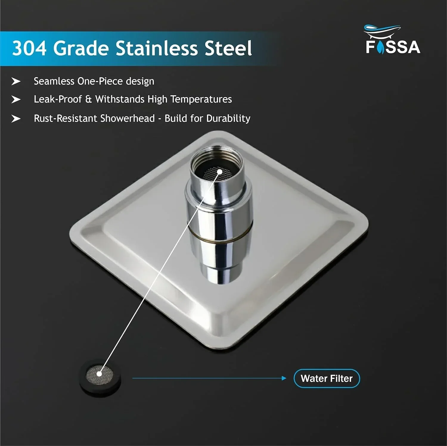 Colva (4x4 Iches) 304- Grade Stainless Steel Chrome Finish Overhead Shower With Arm (9 Inch) - Image 7