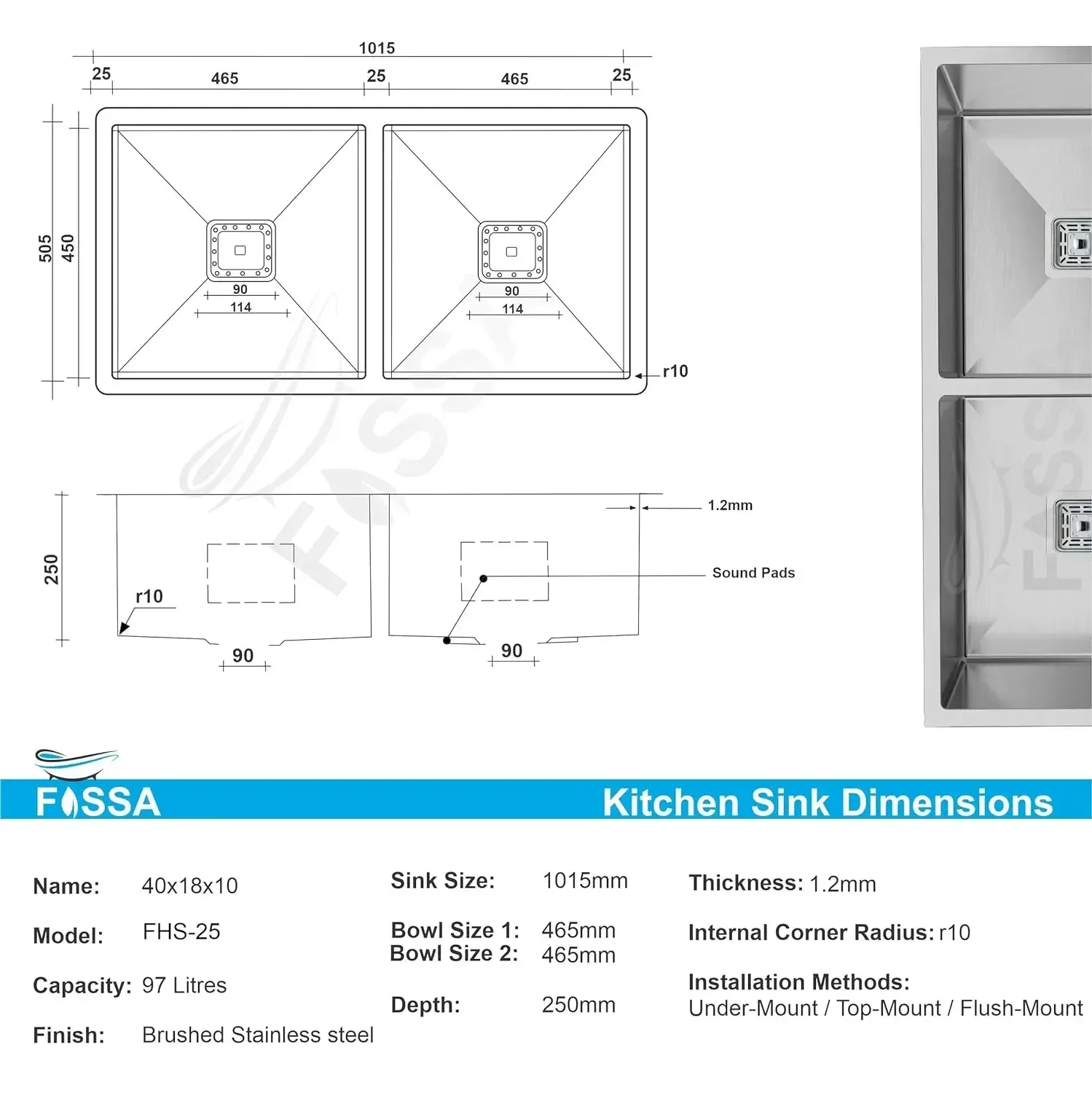 304 Handmade (40x 18x 10) Inch Double Bowl Silver Stainless Steel Kitchen Sink - Image 2