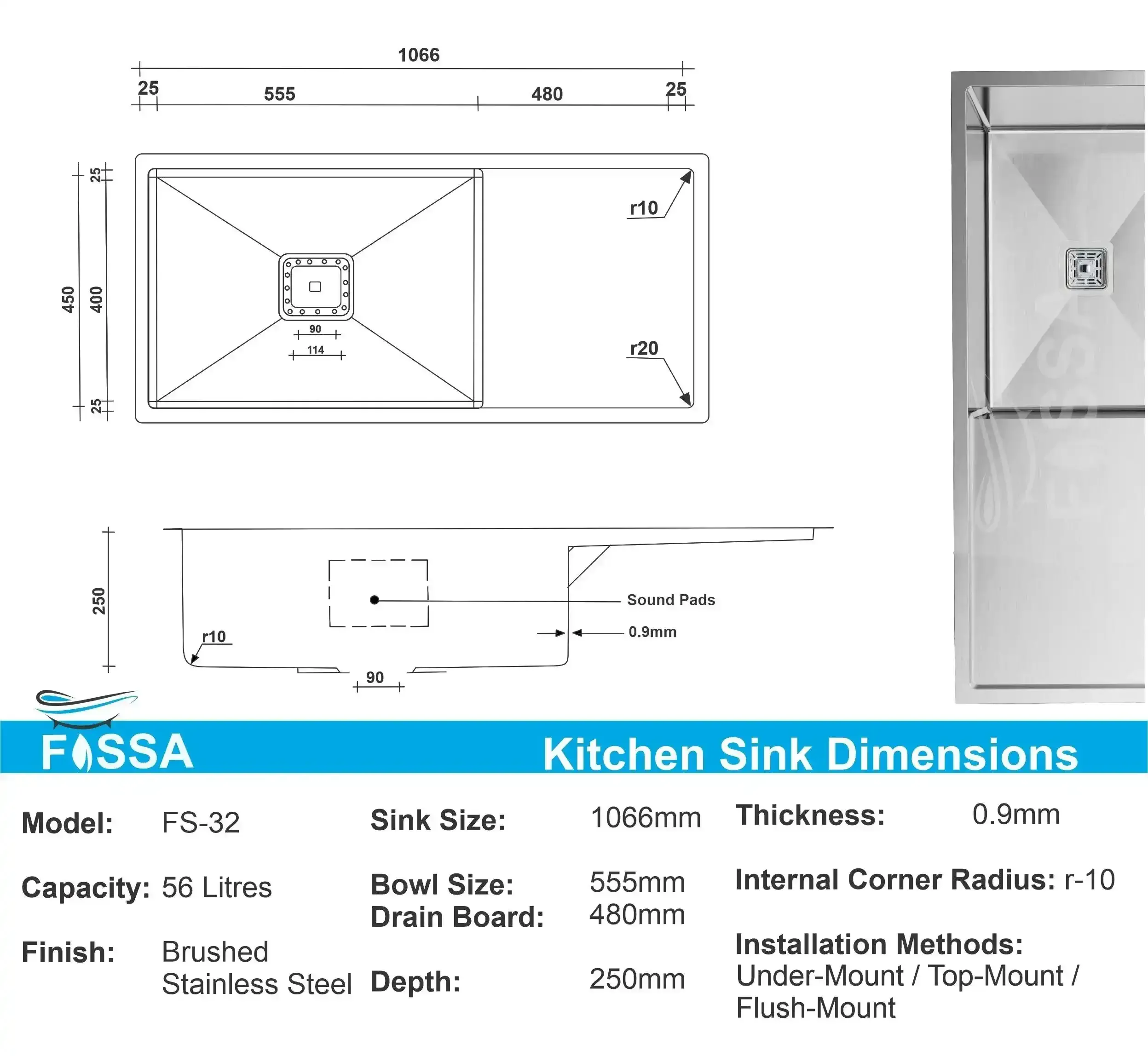 Premium silver Single Bowl with Drain Board Handmade Kitchen Sink (42"x20"x10) - Image 2