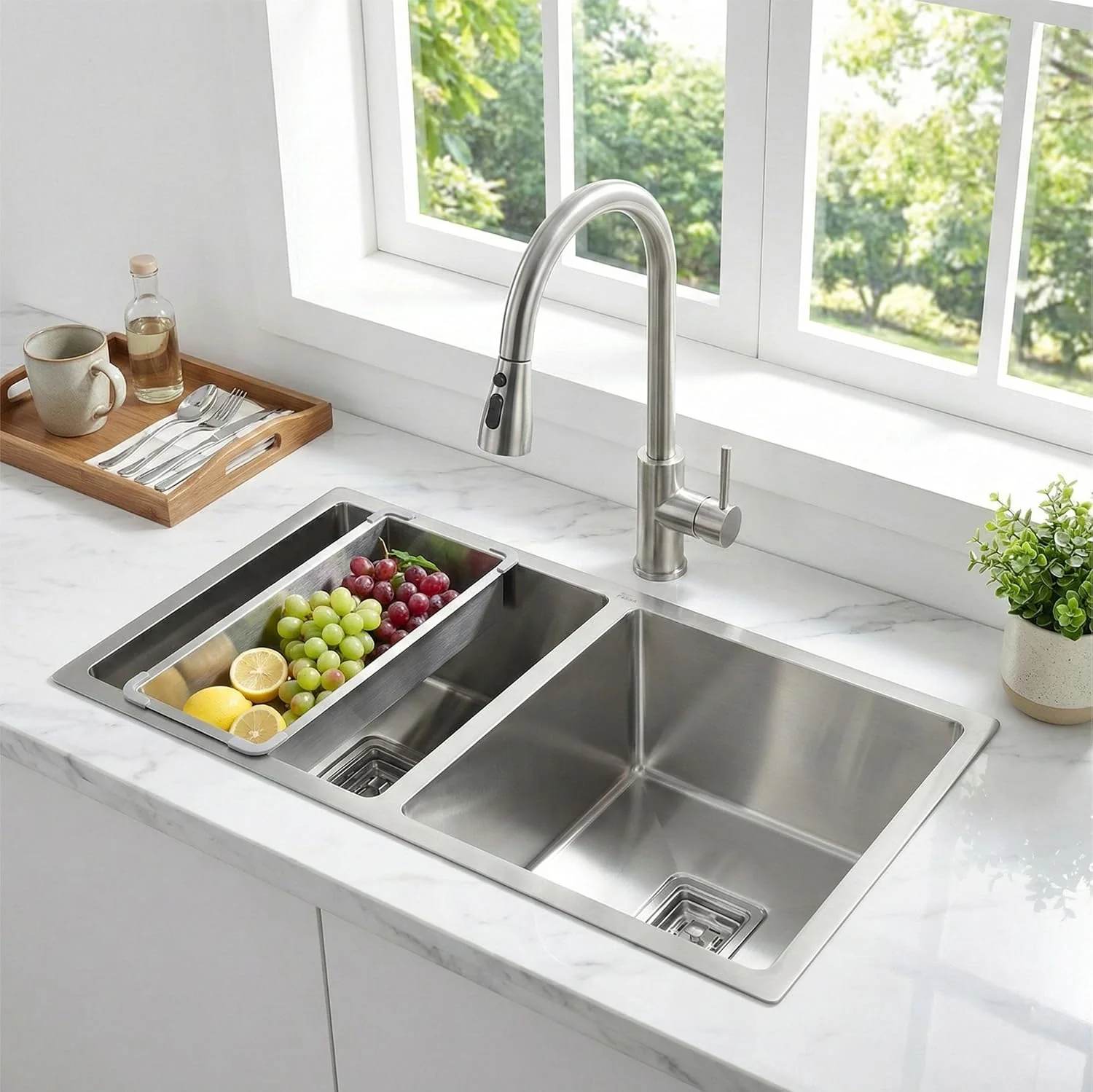 Aqua 304 Handmade (42 x 20 x 09 ) Inch SS Double bowl Bowl Square Coupling Silver Kitchen Sink