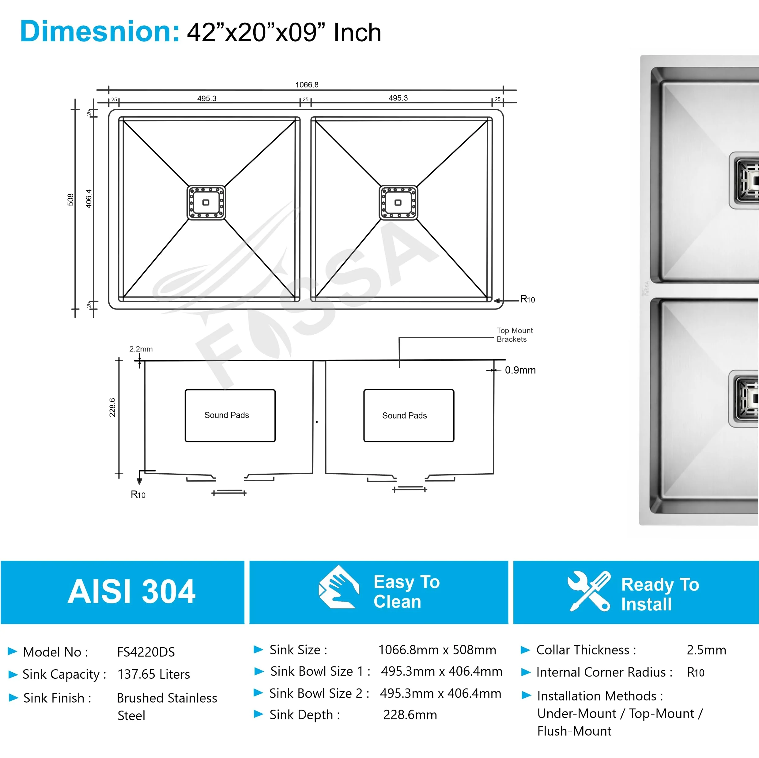 Aqua 304 Handmade (42 x 20 x 09 ) Inch SS Double bowl Bowl Square Coupling Silver Kitchen Sink - Image 2