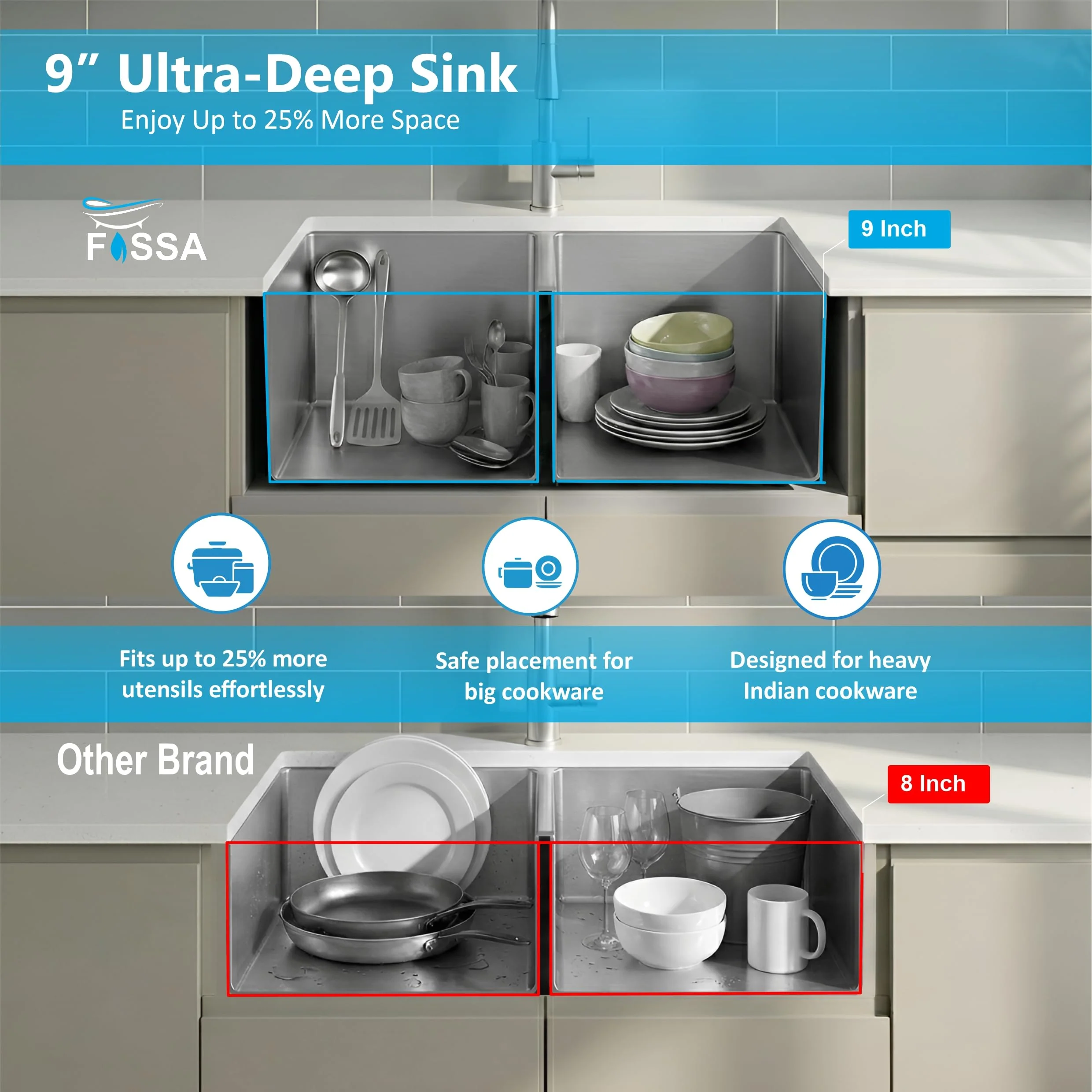 Aqua 304 Handmade (42 x 20 x 09 ) Inch SS Double bowl Bowl Square Coupling Silver Kitchen Sink - Image 5