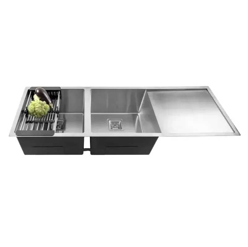 304 Handmade 45"x20"x10" icnh Stainless-Steel Double Bowl Silver Kitchen Sink with Drain Board