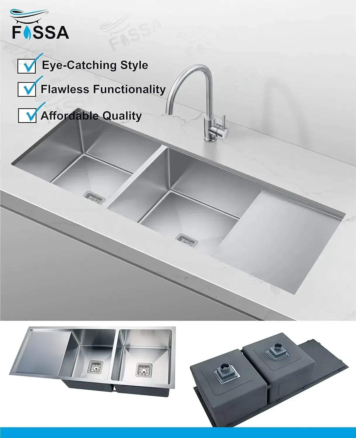 304 Handmade 45"x20"x10" icnh Stainless-Steel Double Bowl Silver Kitchen Sink with Drain Board - Image 3