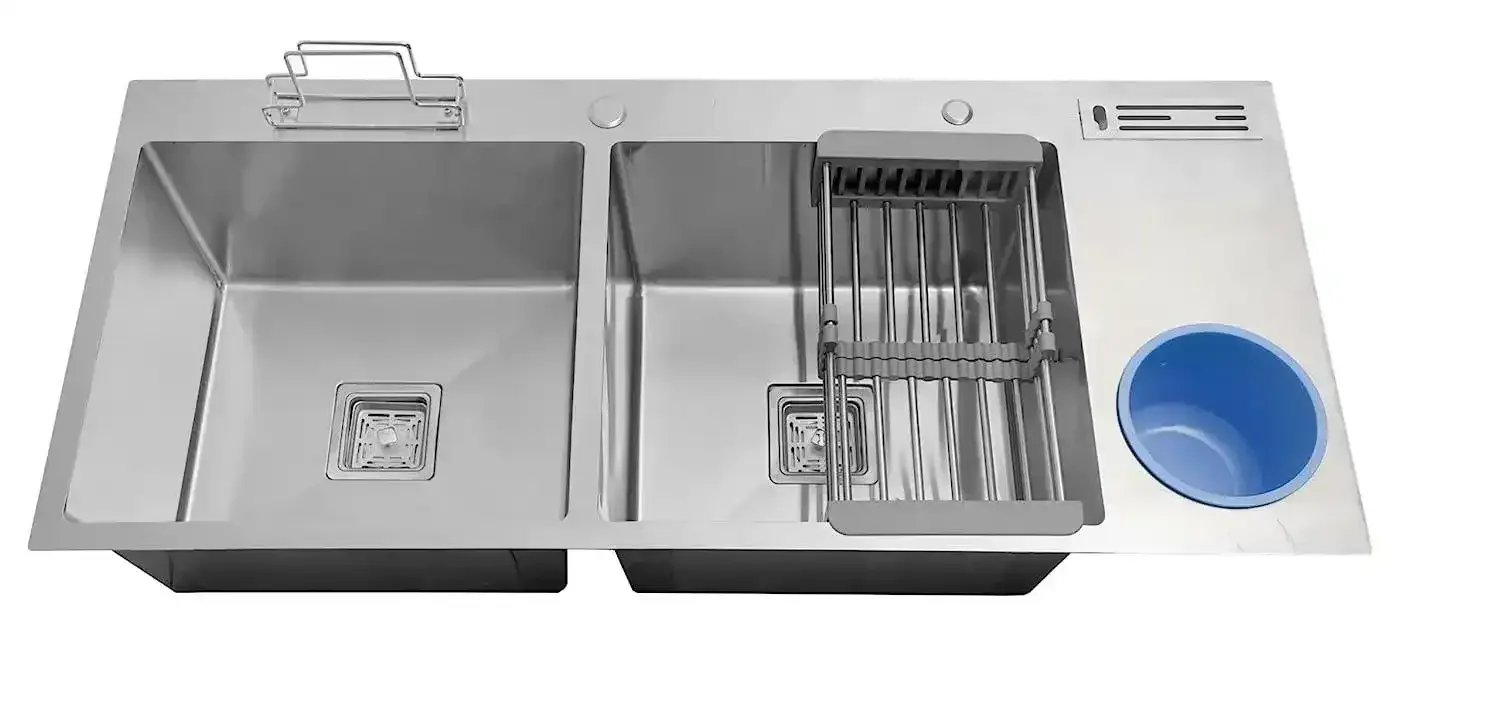 Premium 45 x 20 x 10 Inch Double Bowl Handmade Kitchen Sink with Dustbin,Silver Stainless Steel