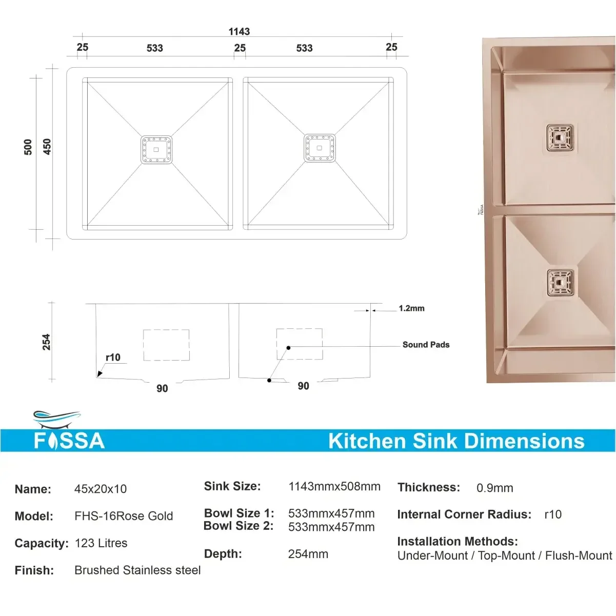 304  Handmade (45x 20x 10) Inch  Double Bowl Rose gold  Stainless Steel Kitchen Sink - Image 2
