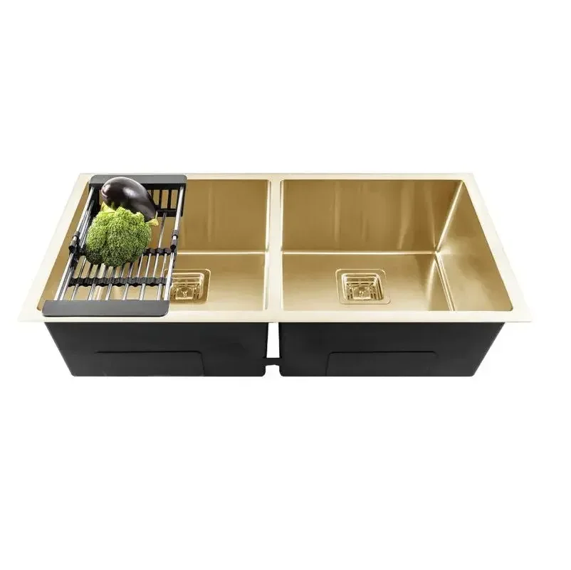 304 Handmade (45 x 20x 10) Inch Double Bowl Gold Stainless Steel Kitchen Sink