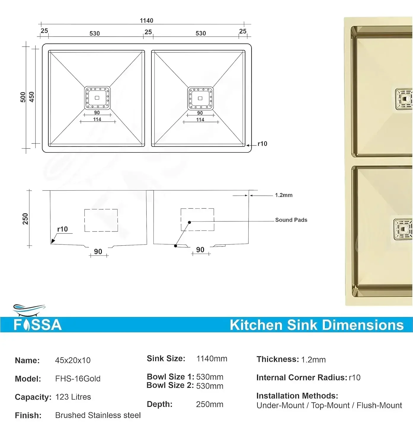304 Handmade (45 x 20x 10) Inch Double Bowl Gold Stainless Steel Kitchen Sink - Image 2