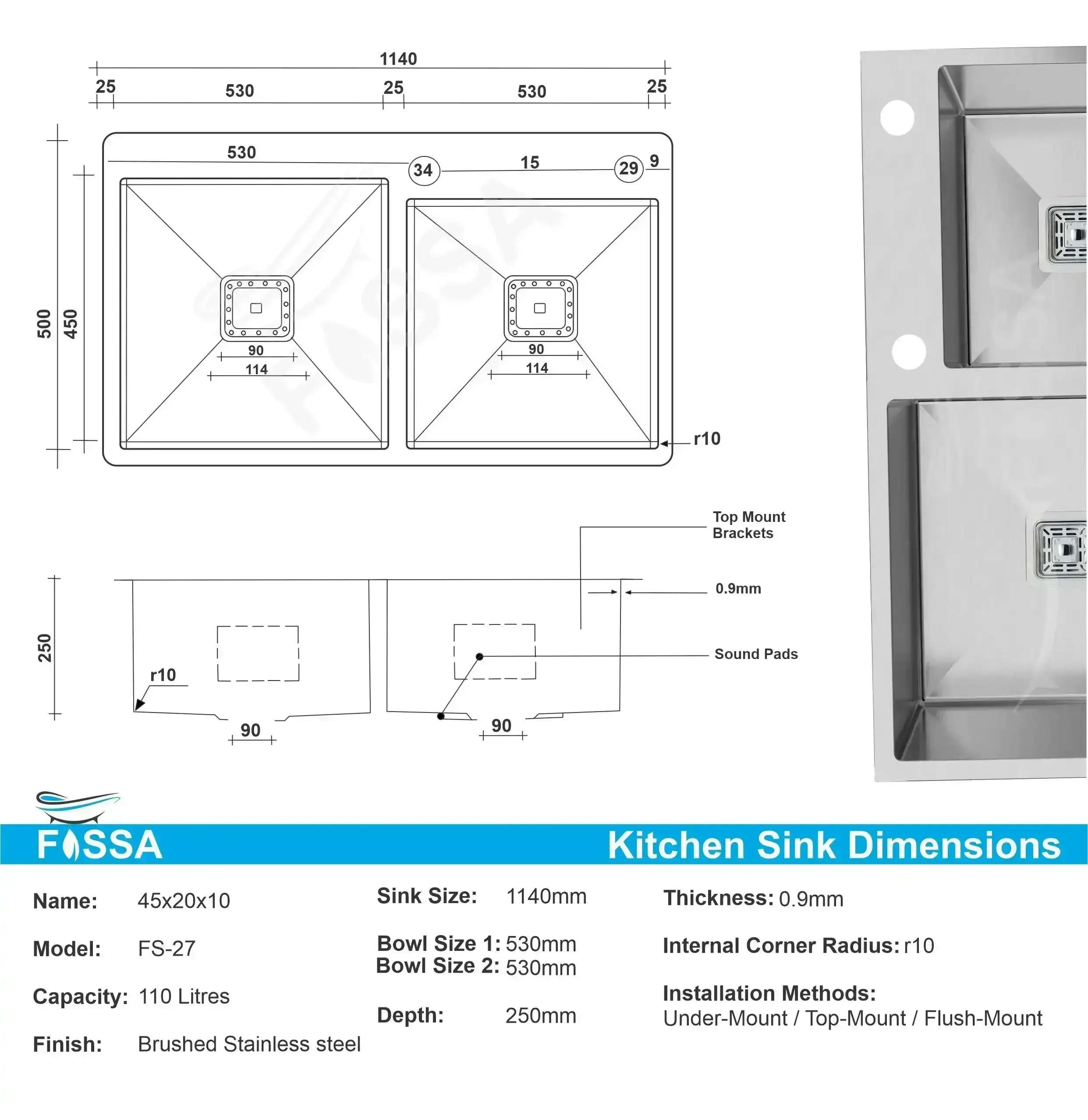 Premium Handmade (45"x20"x10) Inch Stainless Steel Double Bowl Silver Kitchen Sink With Tap Hole - Image 2