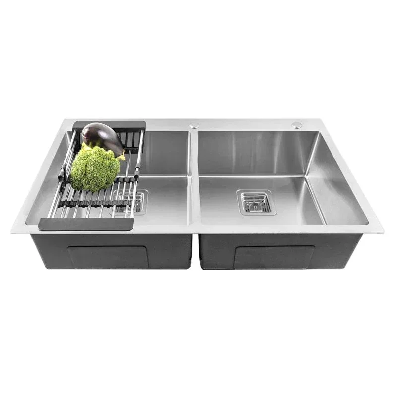 Premium Handmade (45"x20"x10) Inch Stainless Steel Double Bowl Silver Kitchen Sink With Tap Hole