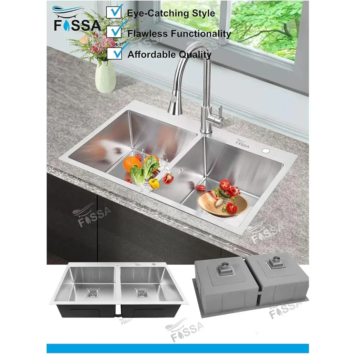 Premium Handmade (45"x20"x10) Inch Stainless Steel Double Bowl Silver Kitchen Sink With Tap Hole - Image 5