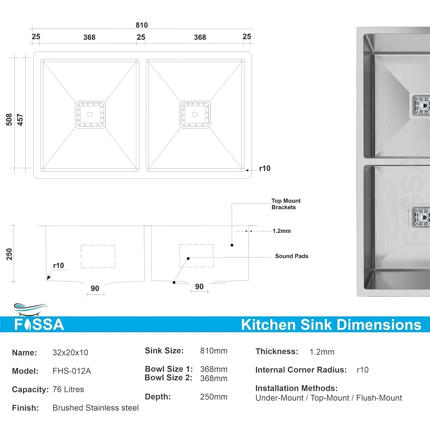 304 Handmade (45"x20"x10) Inch Stainless Steel Double Bowl Black Kitchen Sink With Tap Hole - Image 2